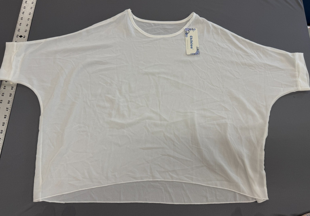 NWT Ckikiou Batwing Slv Semi Sheer Chiffon Tunic White Beach Cover Up One Size